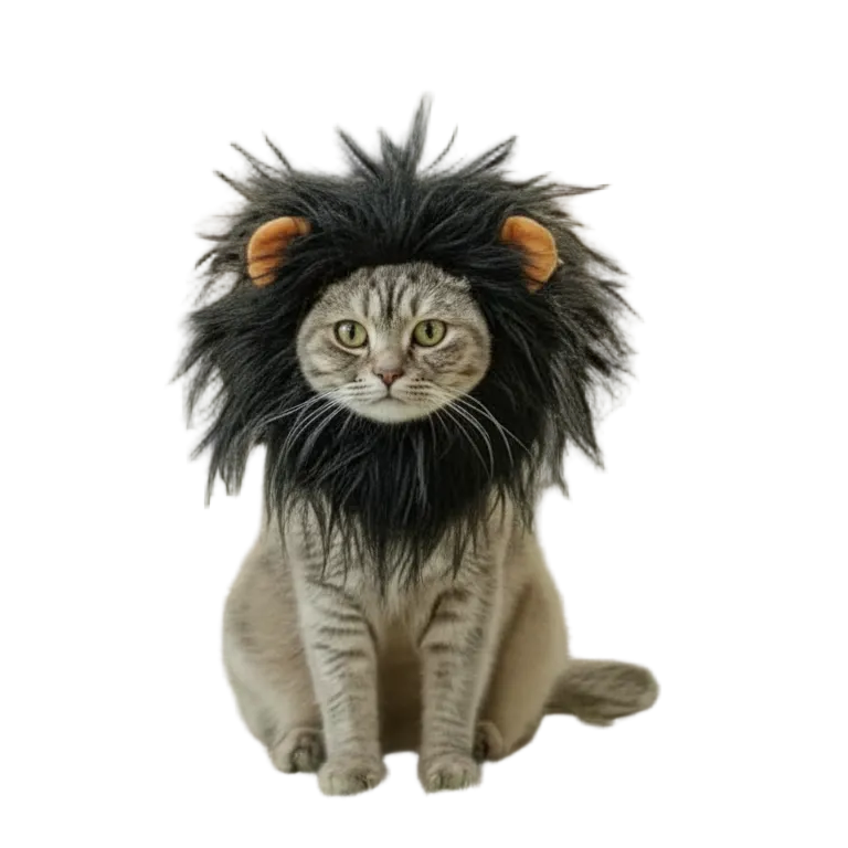 Cat wearing a black lion mane costume with fuzzy ears, transparent background