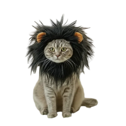 Cat wearing a black lion mane costume with fuzzy ears, transparent background