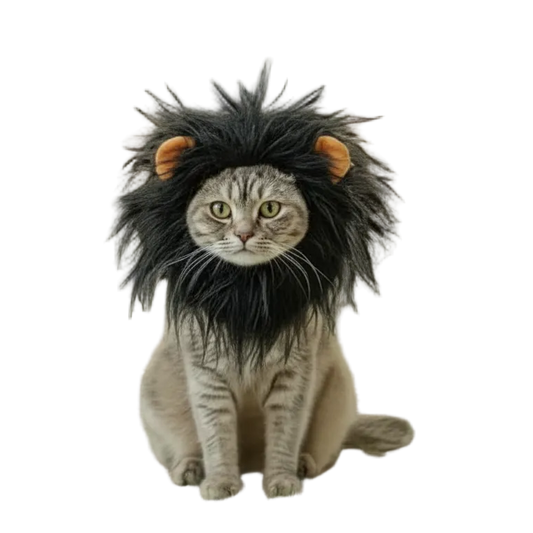 Cat wearing a black lion mane costume with fuzzy ears, transparent background