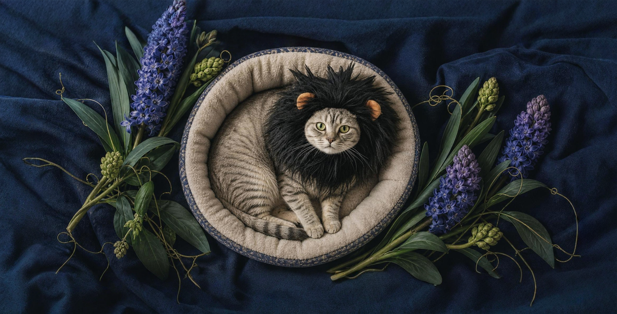 Black lion mane costume cat-in-bed listing photo (retired)