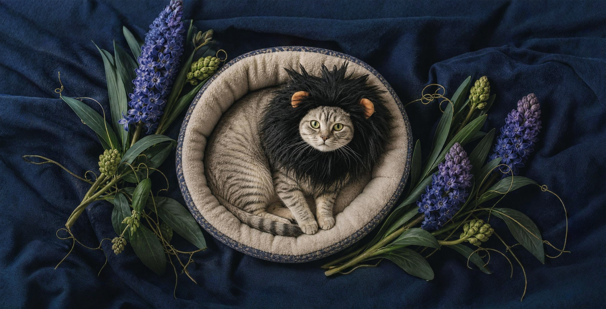 Black lion mane costume cat-in-bed listing photo (retired)