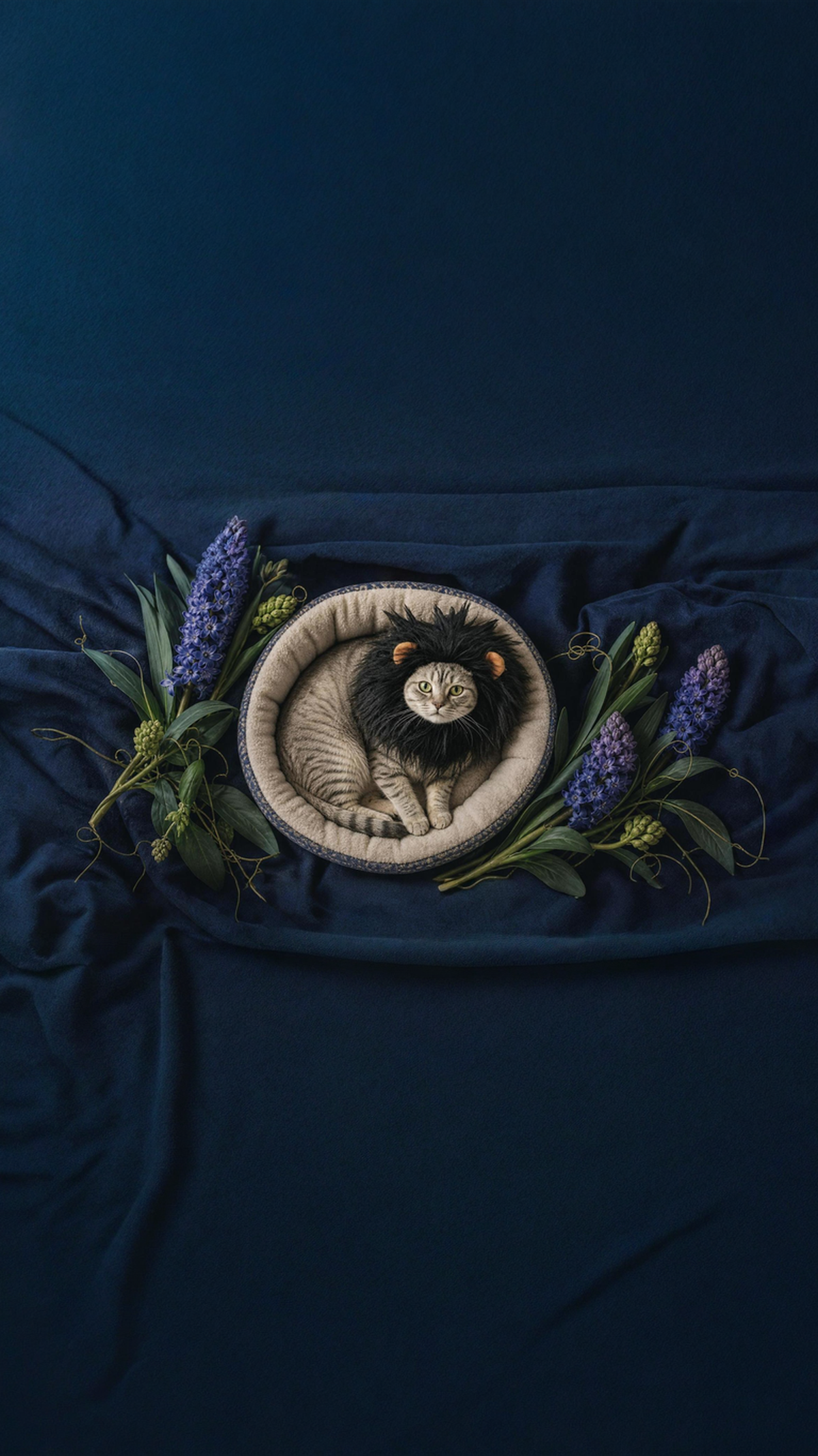 Cat wearing a lion mane costume curled in a round bed with flowers, vertical portrait