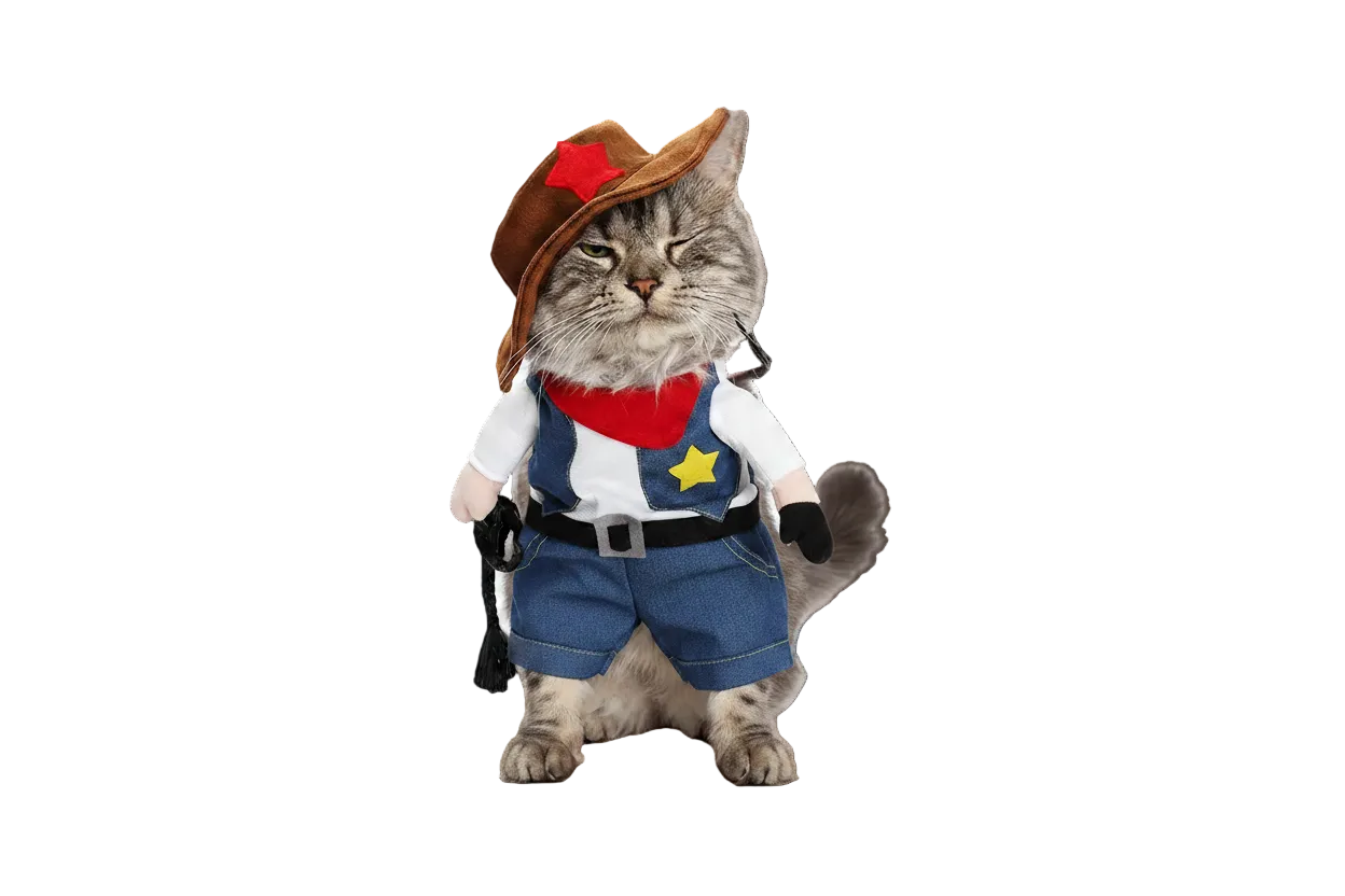 Cat wearing a cowboy denim costume with hat, red bandana, and vest, transparent background