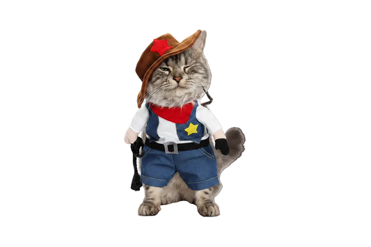 Cat wearing a cowboy denim costume with hat, red bandana, and vest, transparent background