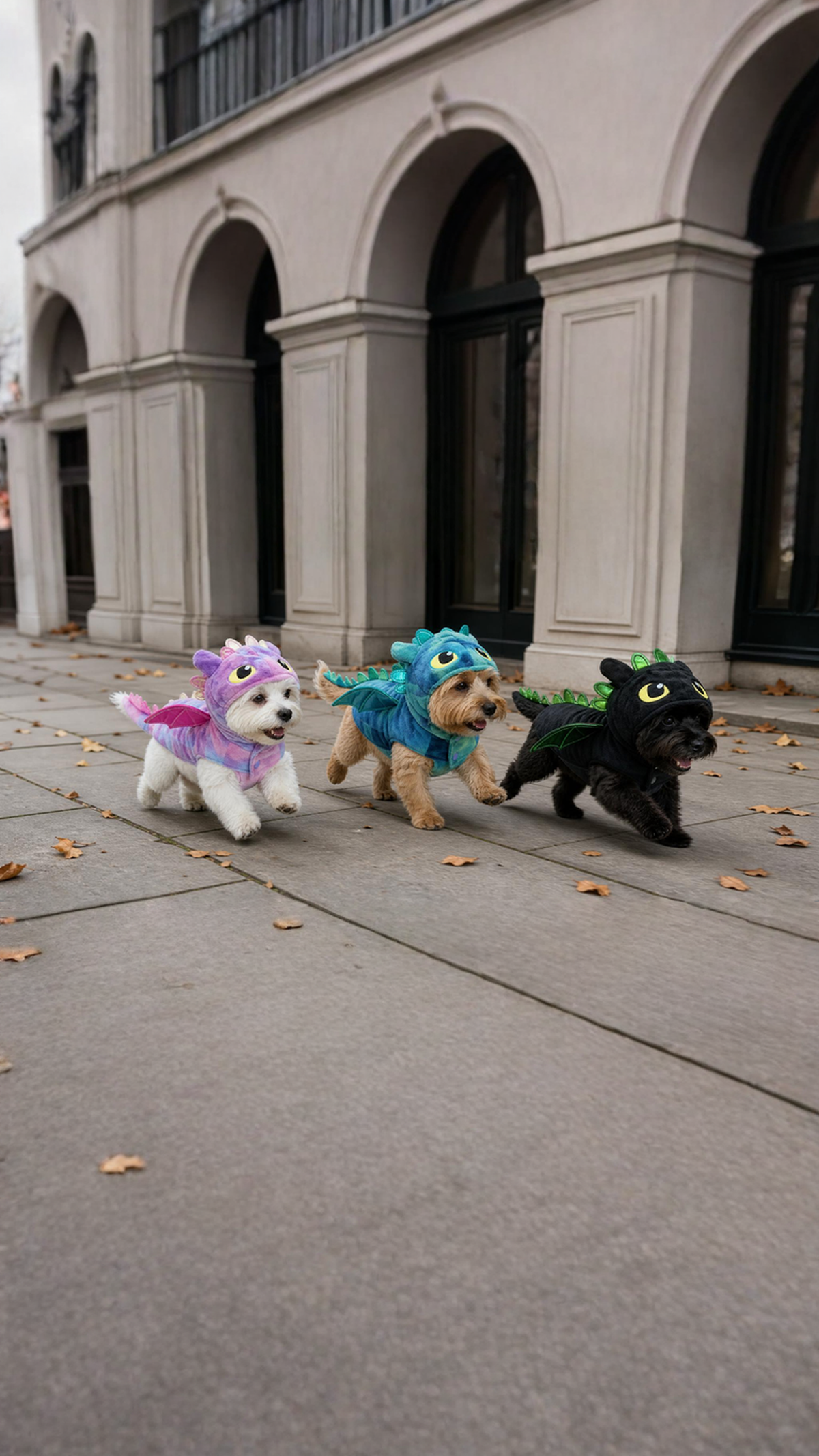 Three dogs in dragon costumes walking on a city street