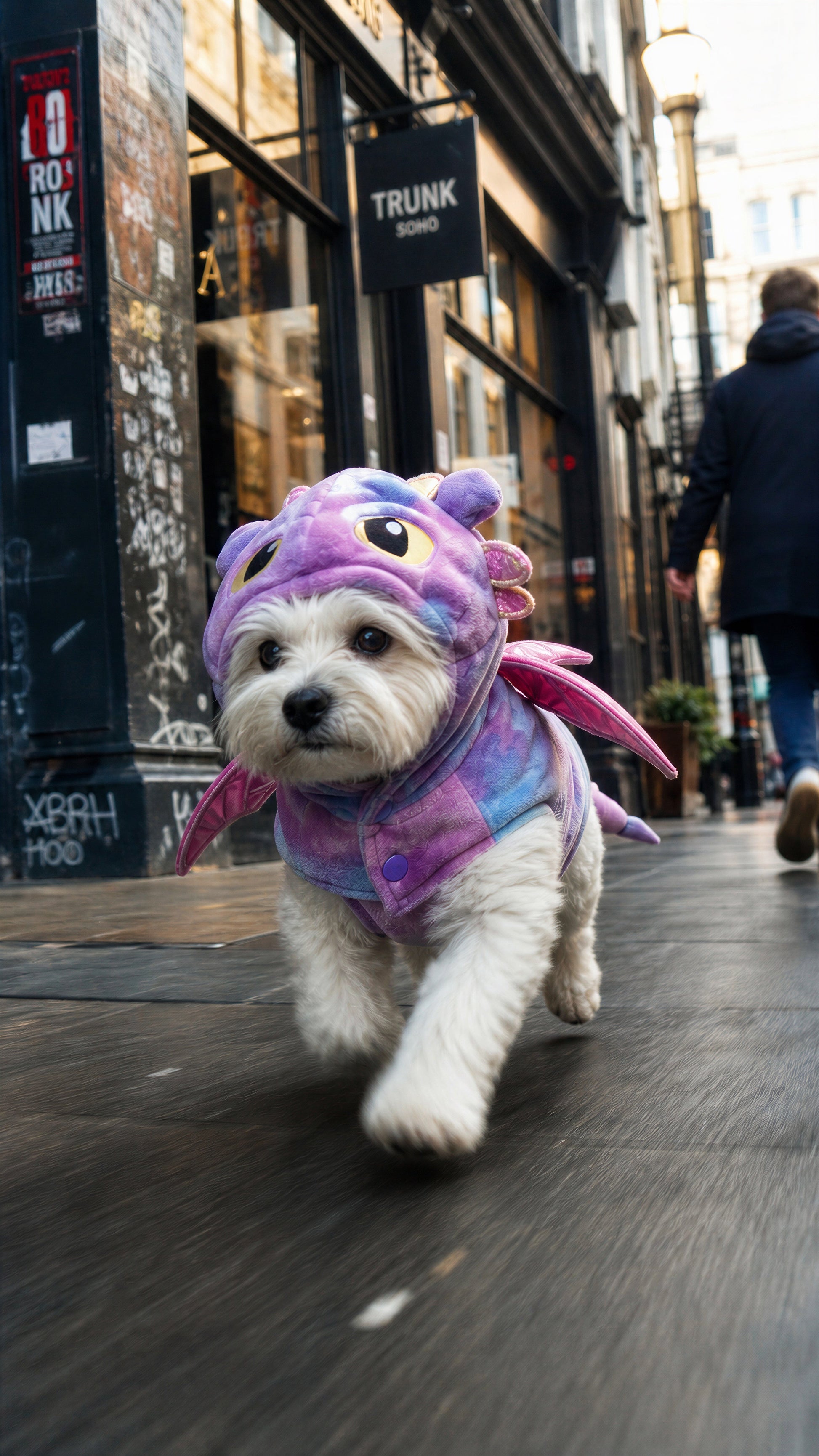 Dog wearing a purple dragon transformation costume on a city street - Most Wanted section photo