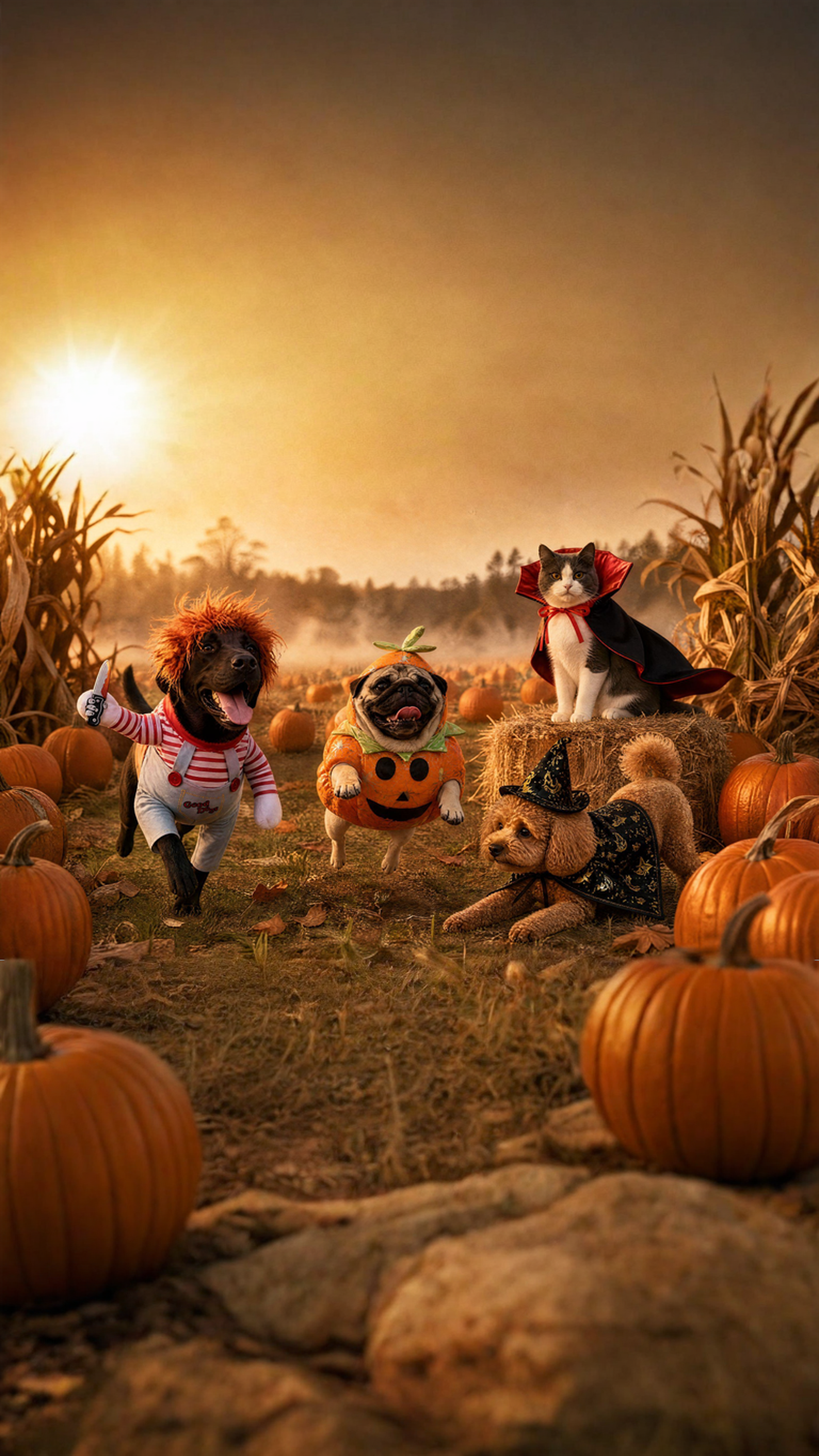 Dog, pug, cat, and poodle in Halloween costumes in a pumpkin patch at sunset - homepage hero slide