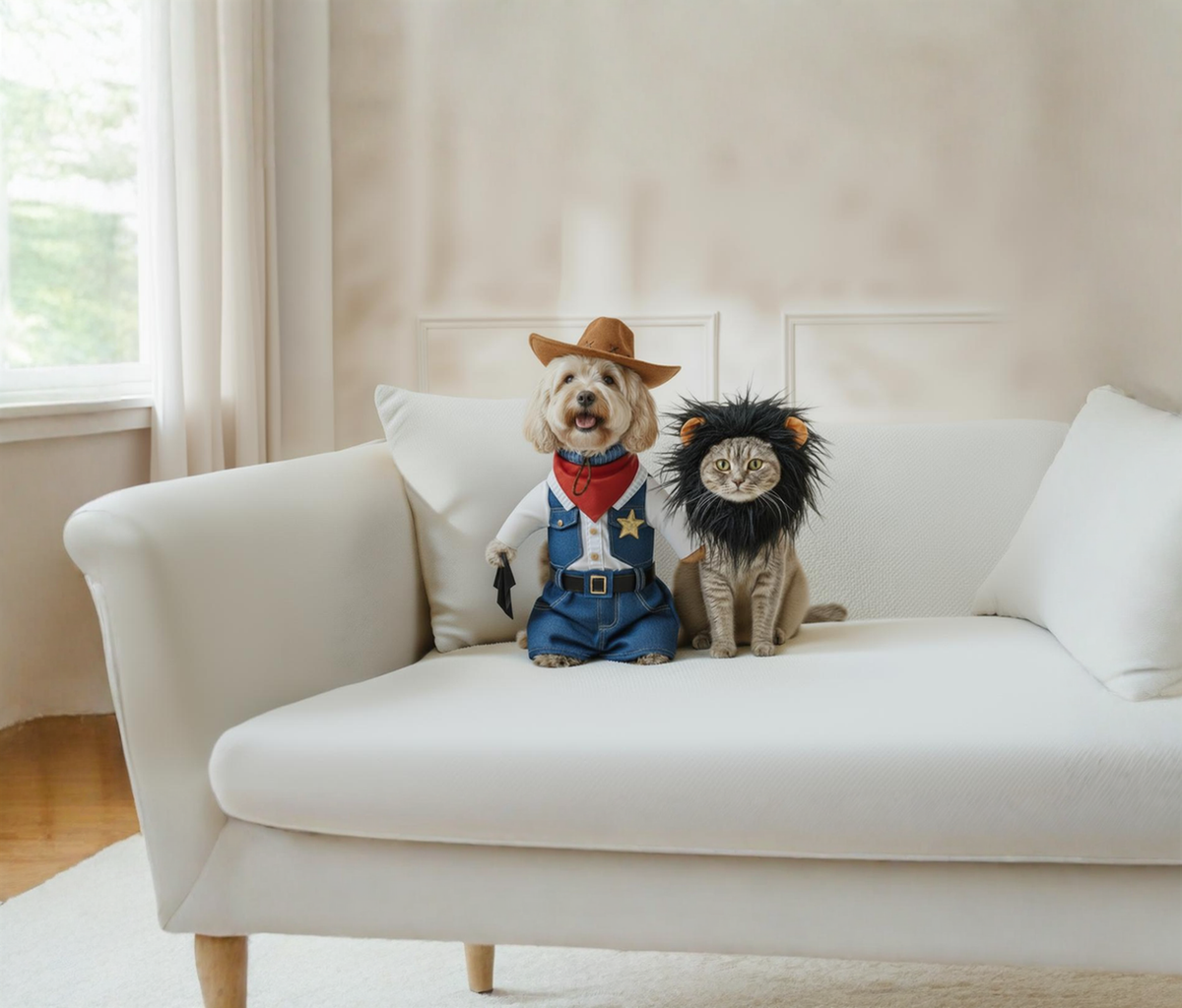 Dog in cowboy costume and cat in lion mane costume sitting together on a white sofa - homepage hero slide