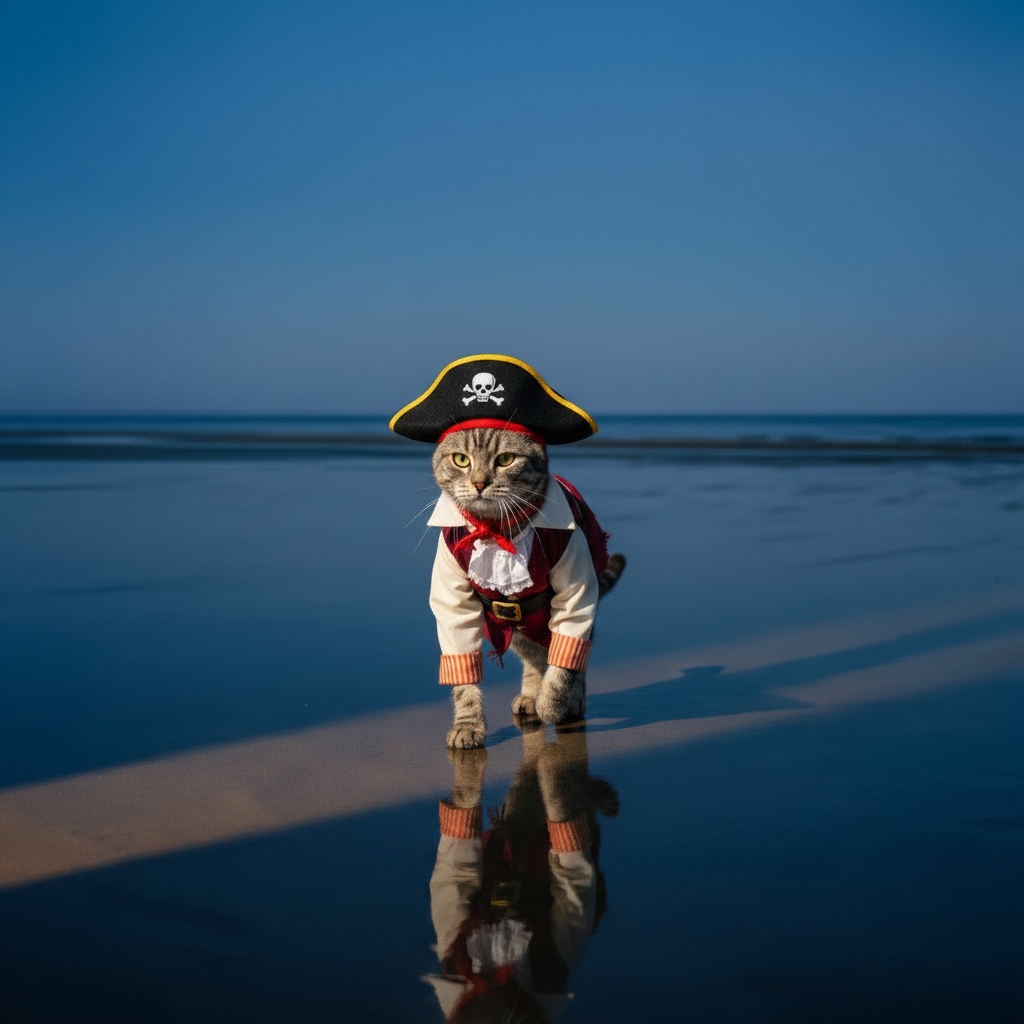 Cat wearing a pirate costume standing on a beach at sunset - Most Wanted section photo