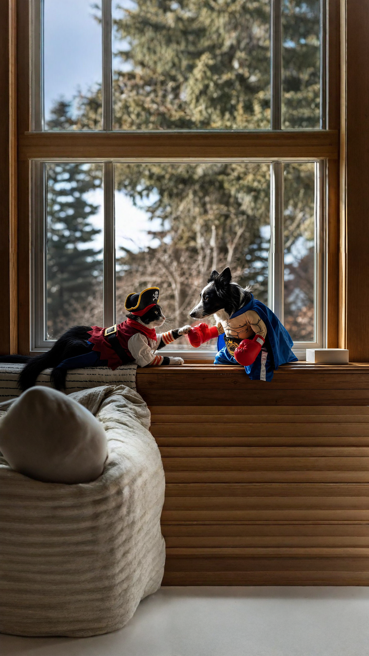 Cat in pirate costume fist-bumping dog in boxer costume at a sunlit window