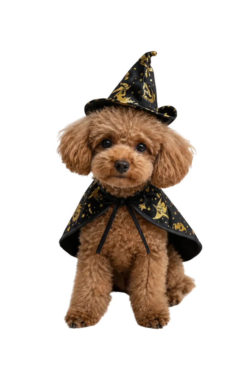 Witch Cloak & Hat Halloween Costume for Pets - poodle wearing black and gold witch cloak and hat