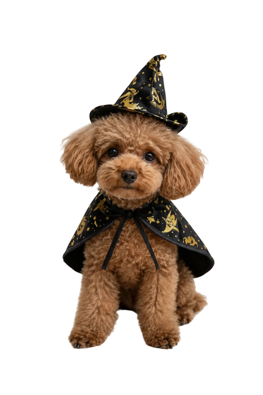 Witch Cloak & Hat Halloween Costume for Pets - poodle wearing black and gold witch cloak and hat