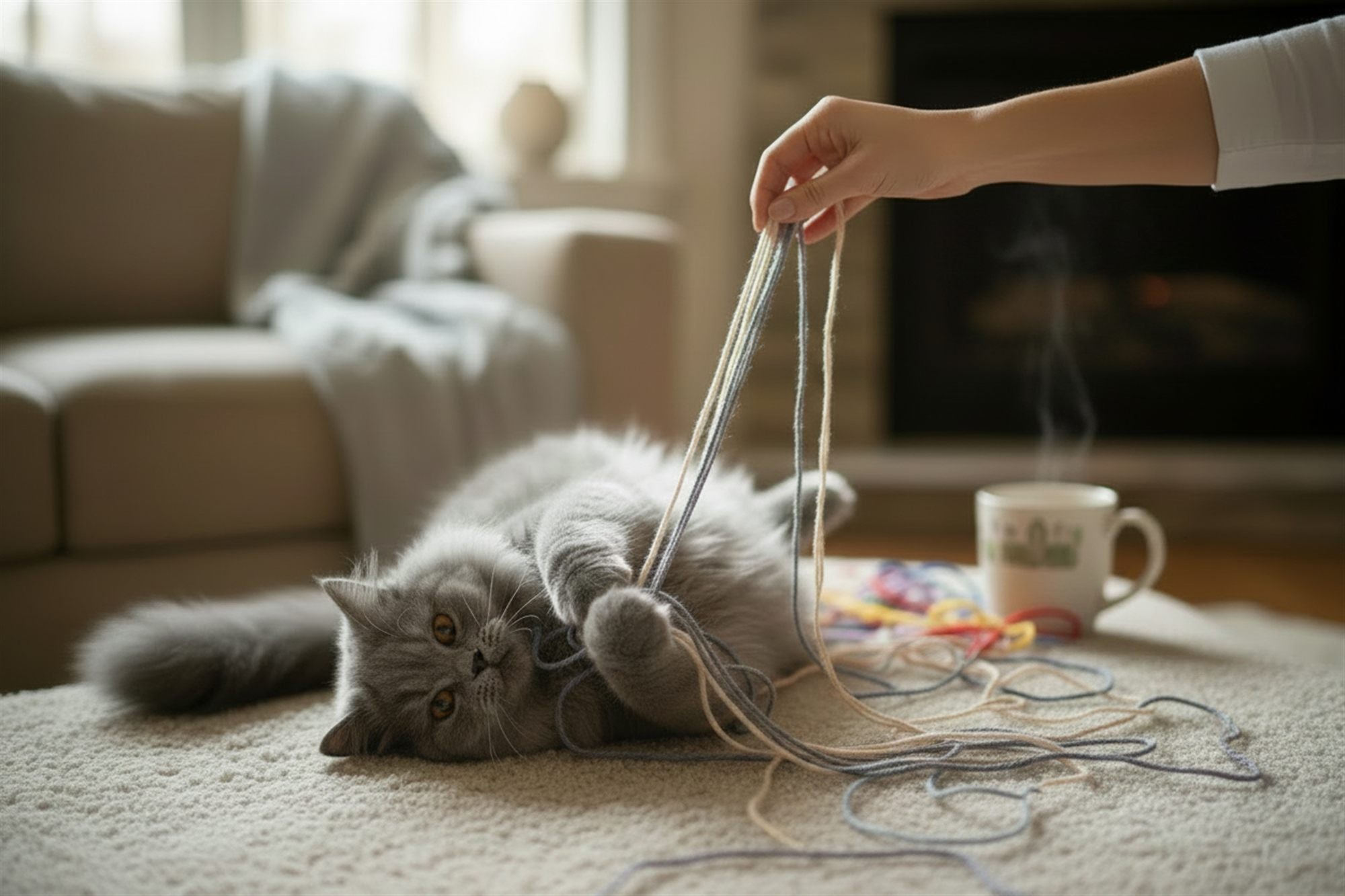 Cat playing with a ball of yarn in a cozy living room