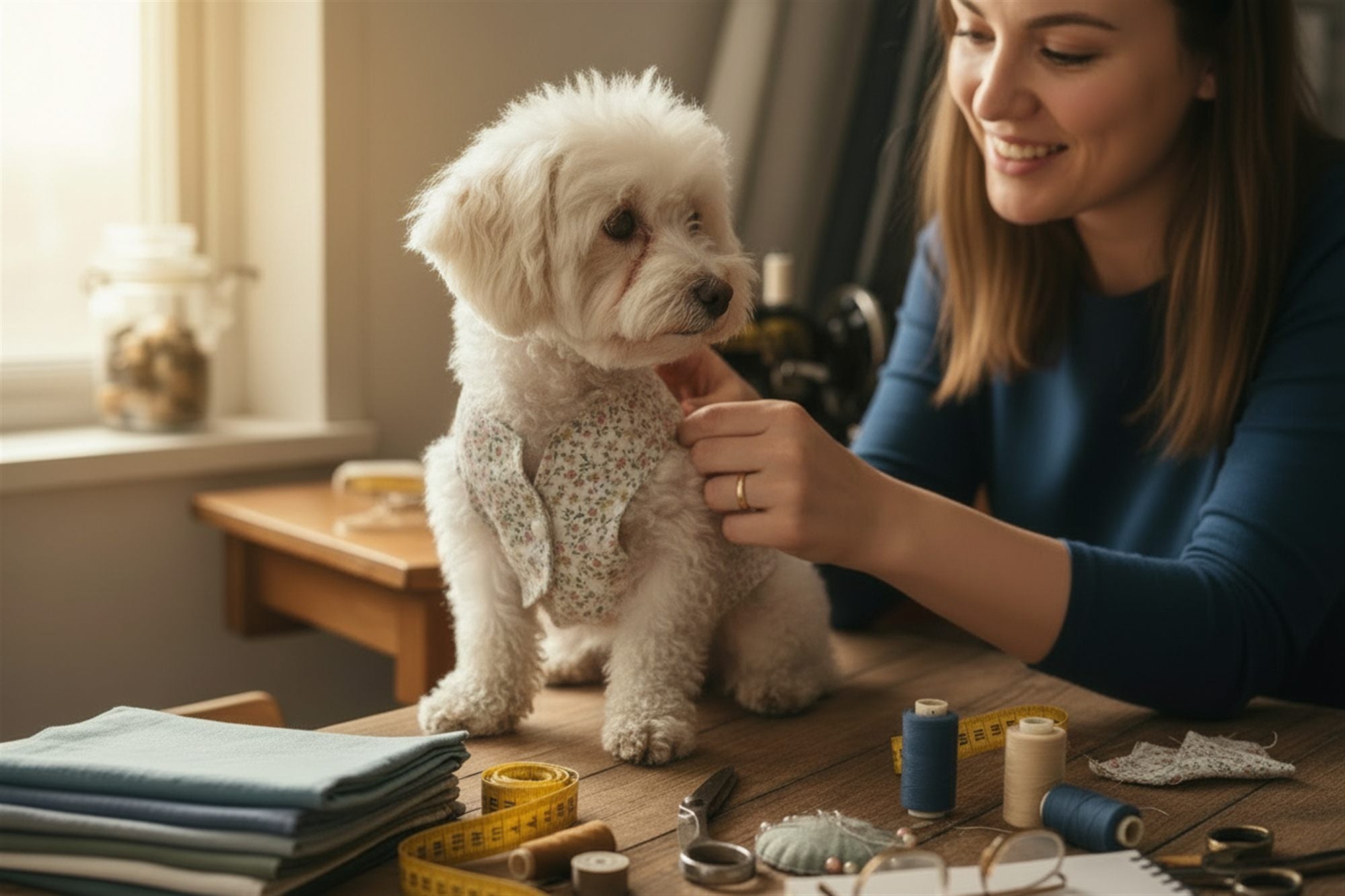 A maker measuring and fitting a dog with fabric and sewing supplies