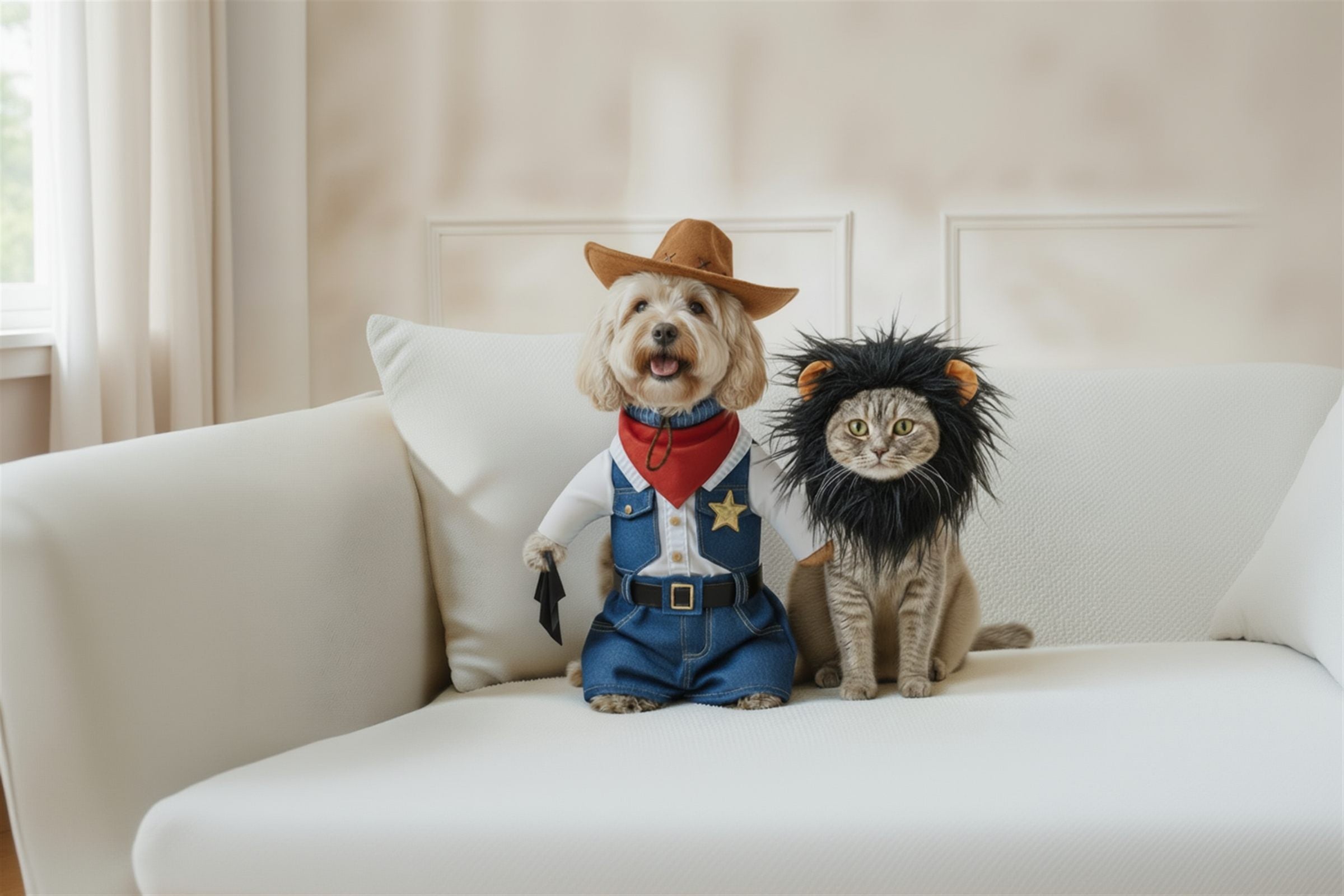 Dog in a cowboy costume and cat in a lion mane costume sitting together